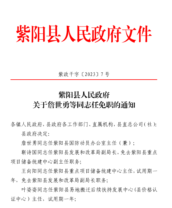 紫阳县人民政府办公室人事任命动态更新